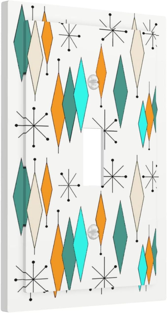 Modern Boho Geometric Atomic Diamond Stars Art Light Switch Cover 1 Gang Abstract Funny 1960S Teal/Green/Aqua/Blue Plaid Pattern Single Device Toggle Decorative Outlet Switch Wallplate Faceplate Cover