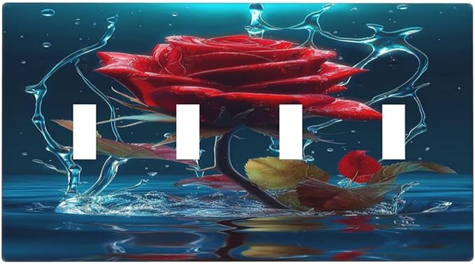 Red Rose Blue Water Drips Quad Toggle Light Switch Cover Decorative 4 Gang Wall Plate Covers Electrical Faceplate Switchplate for Kidroom Bathroom Bedroom Living Room Decor