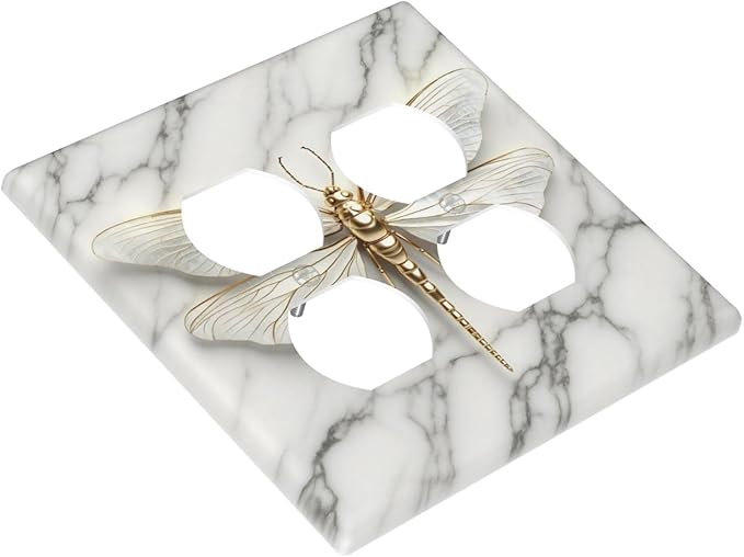 White Gold Marble Dragonfly Abstract Modern Outlet Covers 2 Gang Double Duplex Decorative Light Switch Covers Electrical Wallplates Socket Faceplate for Bathroom Home Decor