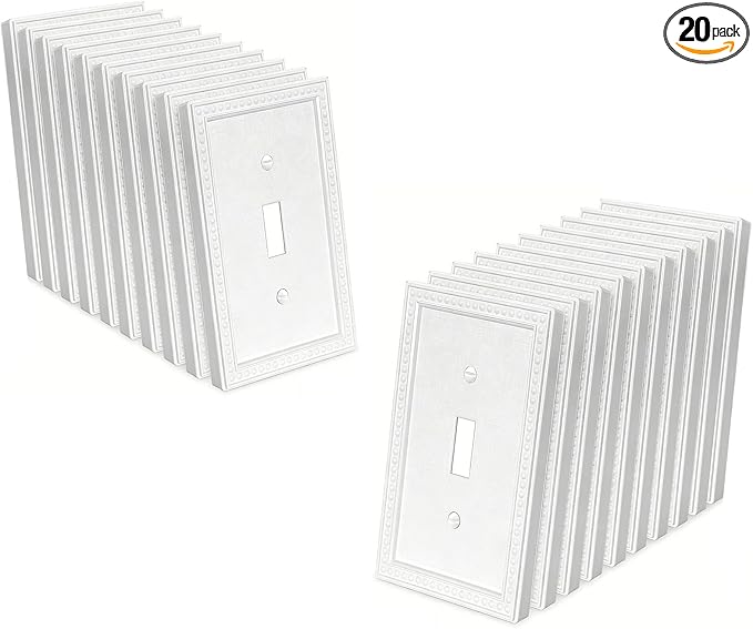 ZEFTV 20 Pack Mid-Size Toggle Light Switch Wall Plates 1-Gang Switch Electrical Cover Plate Unbreakable Thermoplastic Faceplate, Classic Beaded Relief Design, White
