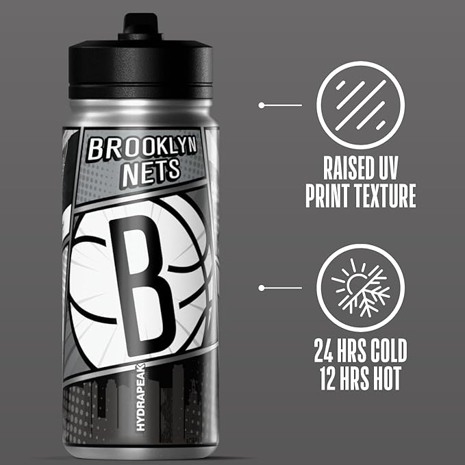 Hydrapeak x NBA Brooklyn Nets 20 oz Stainless Steel Water Bottle, Officially Licensed Double Wall Insulated Sports Bottle with Straw Lid, Reusable Leakproof Gift for Kids & Adults