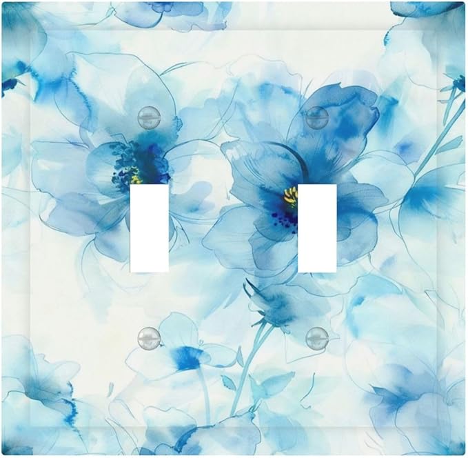 Watercolor Flower Blue White Large Floral Leaf Plants Decorative Switch Plates 2 Gang Double Toggle Outlet Light Switch Cover Wall Plate Electrical Faceplate for Bedroom Living Room Decor