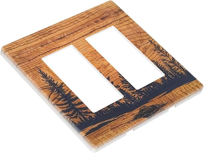Country Pine Tree Forest Woodland Wood 2 Gang Double Rocker/Decorator Face Wall Plate Decorative Outlet Covers Vintage Farm Lodge on Orange Wooden Electrical GFCI Dimmer Light Switch Cover (Plastic)
