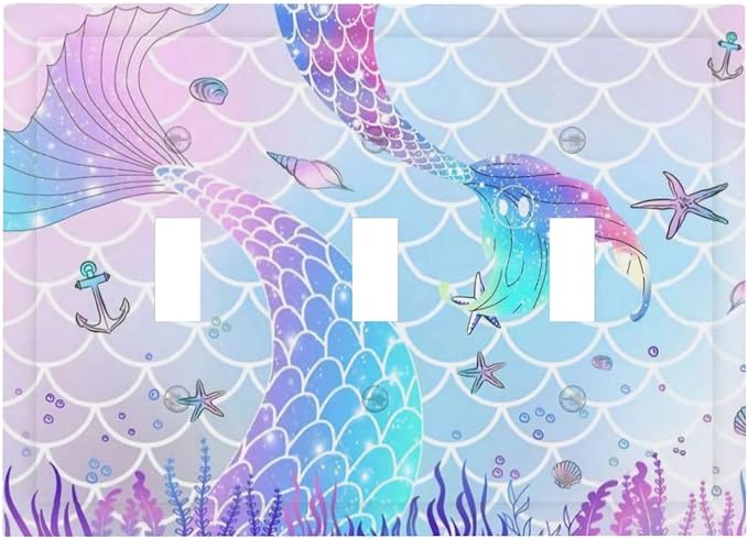 Cute Cartoon Pink Blue Coral Mermaid Scales 3 Gang Outlet Light Switch Cover Face Plate, Purple Marine Anchor Starfish Seashell Mermaid Tail Triple Toggle Switch Wallplate for Girl Kids Bedroom Decor