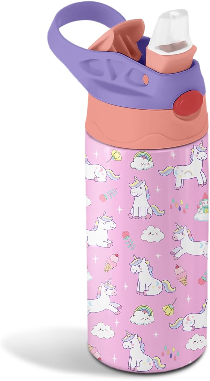 12oz Girl Water Bottle with Straw Lid & Handle - Unicorn Leak Proof Water Bottles Kids, Double-Wall Stainless Steel Pop-top Lid Pink Kids Insulated Bottles for School, Gift Cup for Kid
