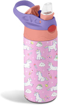 12oz Girl Water Bottle with Straw Lid & Handle - Unicorn Leak Proof Water Bottles Kids, Double-Wall Stainless Steel Pop-top Lid Pink Kids Insulated Bottles for School, Gift Cup for Kid