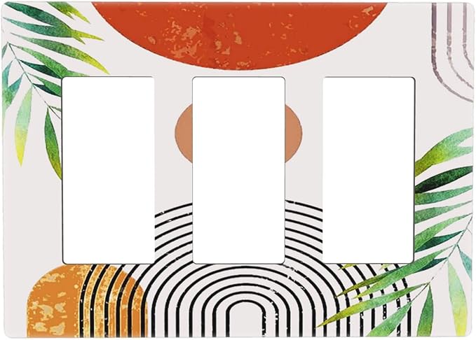 Beige Orange Boho Mid Century Abstract Triple Decorator Light Switch Cover 3 Gang GFCI/Rocker Wallplate Decorative Electrical Faceplate Switchplate Dimmer Screwless