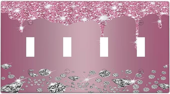 Sparkling Diamonds Pink Silver Glitter Drops Print Quad Toggle Light Switch Covers Decorative Unique 4 Gang Wall Plate Electrical Faceplate Switchplate for Kitchen Bedroom Bathroom Decor