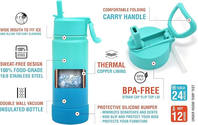 CHILLOUT LIFE 22 oz Kids Insulated Water Bottle for School with Straw Lid Leakproof and Cute Waterproof Stickers, Personalized Stainless Steel Thermos Flask Metal Water Bottle, Ocean Blue