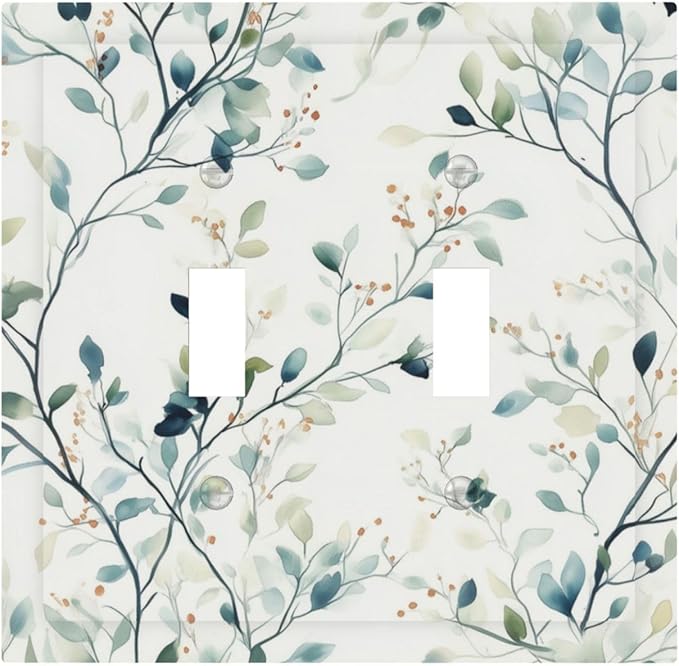 Watercolor Floral Green Leaves 2 Gang Light Switch Cover Green Botanical Flowers Double Toggle Wall Plate Decorative Electrical Switchplate Covers for Bedroom Kitchen Living Room Decor