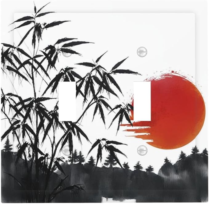 Decorative Light Switch Plate Covers Artistic Describe Black Bamboo Japanese Red Sun 2 Gang Wall Plate Double Toggle Switch Cover Plate Electric Dual Device Electrical Faceplate