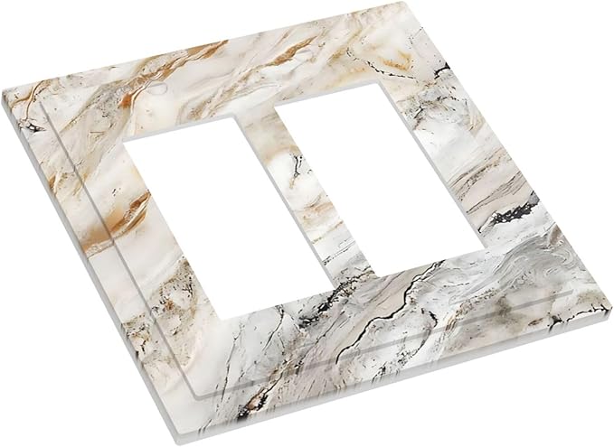 Matte Beige Gold Marble Granite Abstract Print Decorative Outlet Covers 2 Gang Double GFCI Rocker Electrical Wall Panels Light Switch Cover Plate for Bathroom Kitchen Decor