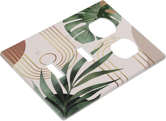 Middle Mid Century Boho Sun Green Palm Leaf 3-Gang Combination Wall Plate 2 Toggle 1 Duplex Receptacle Outlet Cover Decorative Tropical Orange Abstract Art Combo Device Light Switch Faceplate Cover