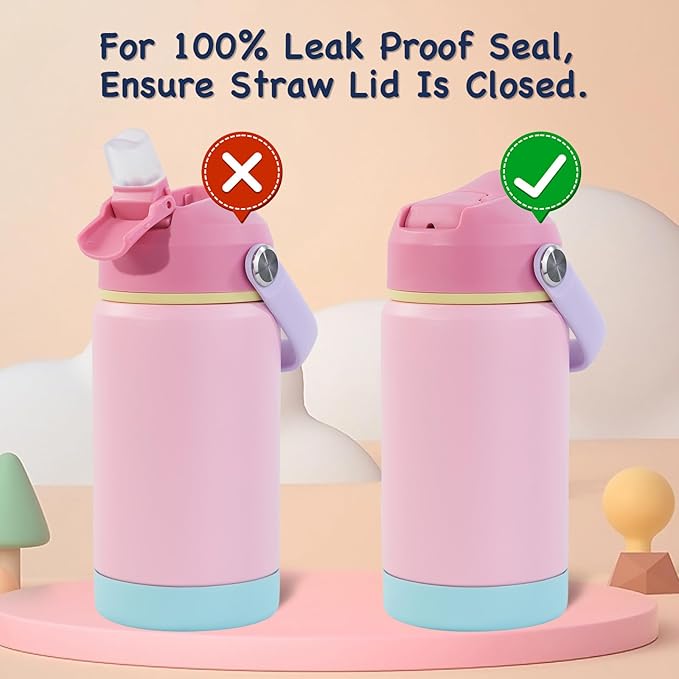 Kerilyn 12oz Kids Water Bottle 2 Pack, Stainless Steel Insulated Water Bottle Bulk, Toddler Cups with Straws Leak-Proof, Kids Water Bottles for School Boys Girls, BPA Free, Rose Red+Charm Pink
