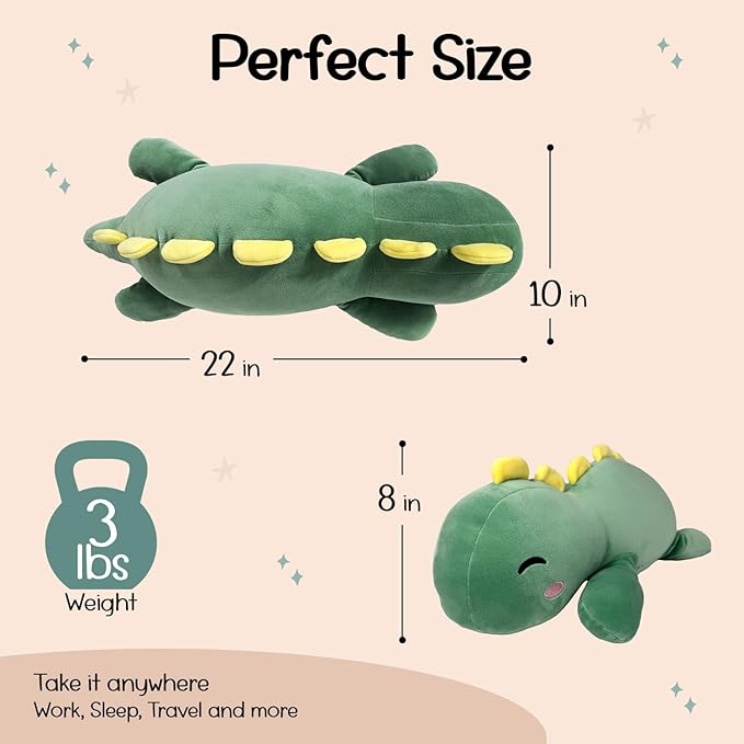 Large Weighted Stuffed Animal 3 lbs, Cute Dinosaur Plush, Dinosaur Stuffed Animal, Weighted Plush Toy Pillow Birthday Gifts for Kids, Women, Girls, Boys, Kawaii, Dax The Dino, Green (22in)