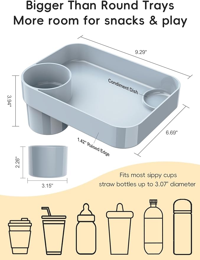Car Seat Cup Holder Snack Tray for Kids, Reduces Mess, Detachable Large Base & Adjustable Ring, Carseat Tray for Toddler, Car Seat Food Tray Table for Kid Travel Road Trip Essentials -Light Gray