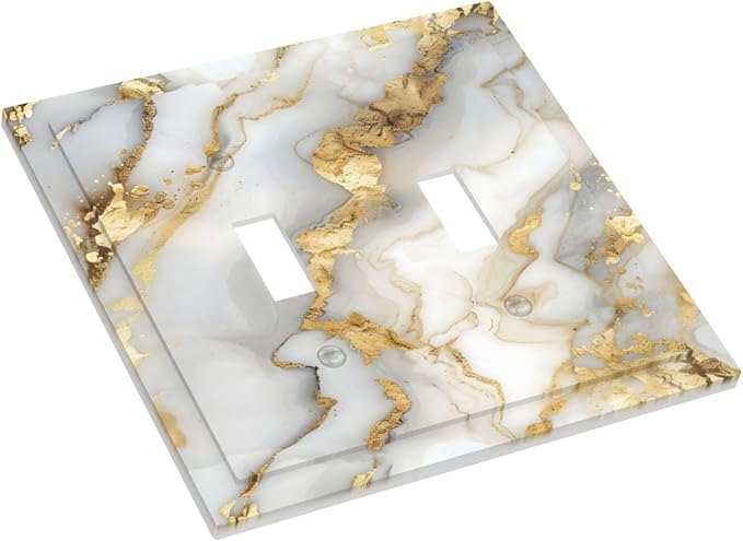 Luxurious White Gold Marble Patterns Abstract Decorative Switch Plates 2 Gang Double Toggle Outlet Light Switch Cover Wall Plate Electrical Faceplate for Bathroom Kitchen Decor