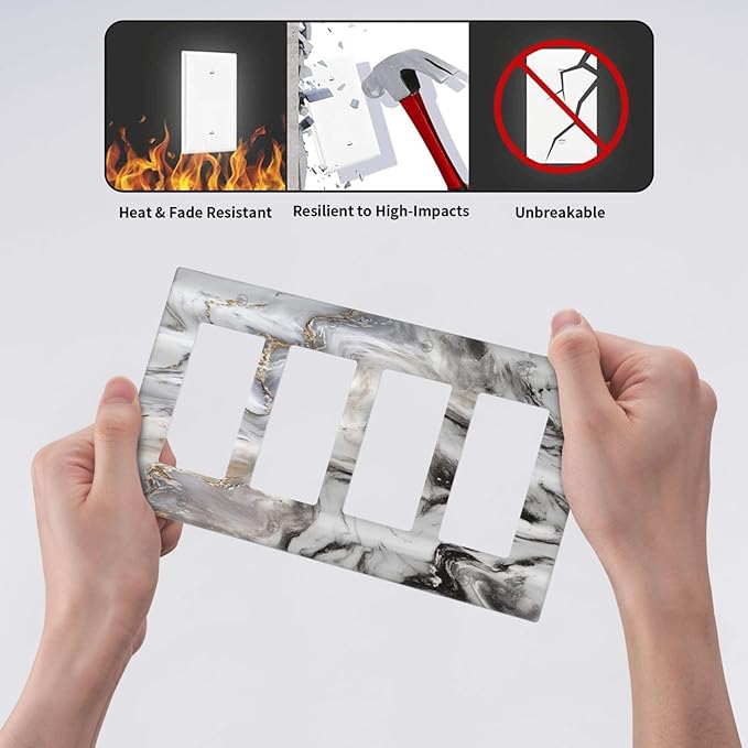 Grey and White Gold Marble 4 Gang Light Switch Cover Quad Rocker Decora Wall Plate Decorative Electrical Outlet Switchplate Modern Abstract Marble Gfci Faceplate for Kitchen Bathroom Decor