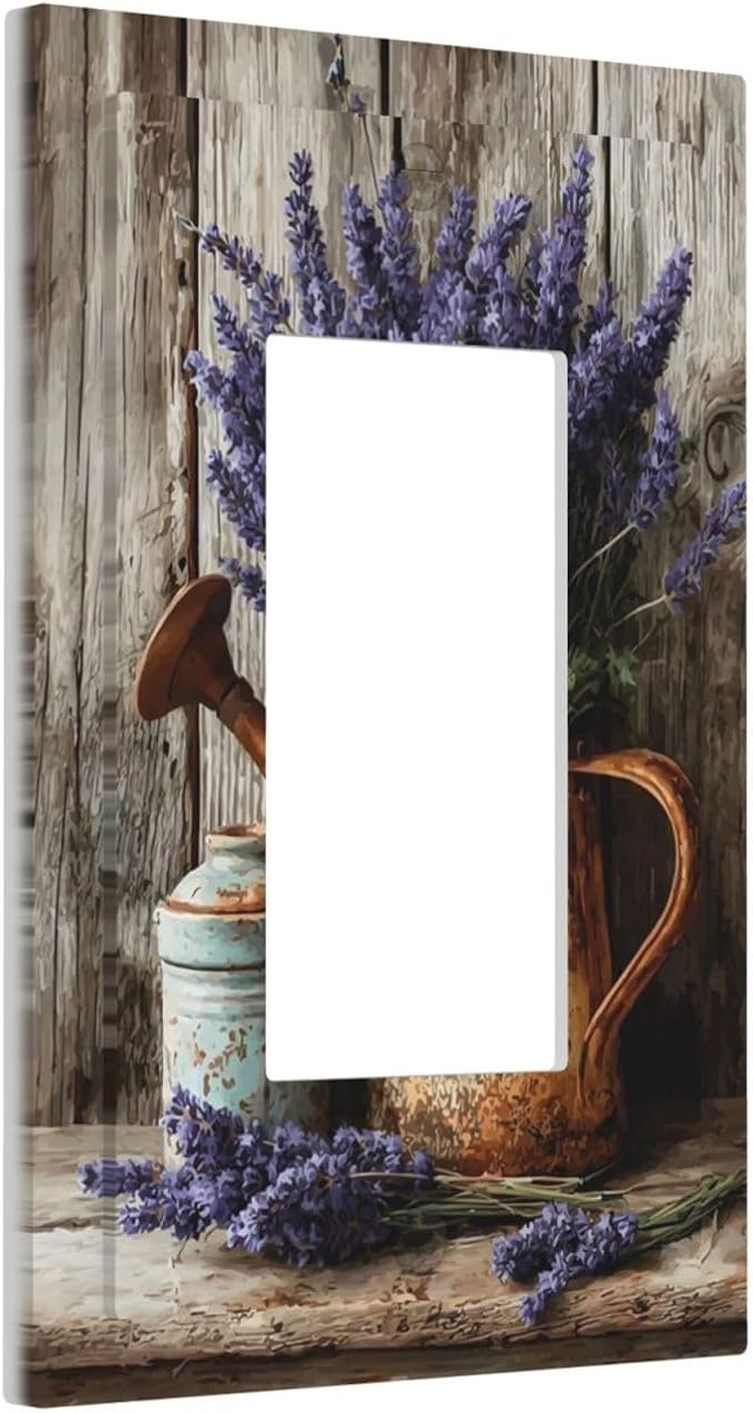 Rustic Flowers Lavender Purple Floral Oil Painting Decorative Outlet Covers 1 Gang Single Rocker Light Switch Cover Plate Wall Plates GFCI Faceplate for Farmhouse Bedroom Decor