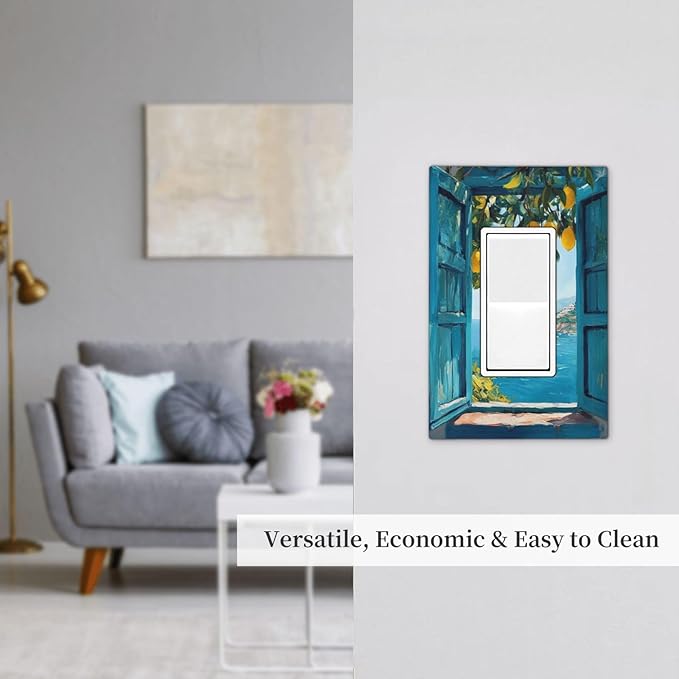 Window View Coastal Lemon Tree Mediterranean Landscape Decorative Outlet Covers 1 Gang Single Rocker Light Switch Cover Plate Wall Plates GFCI Faceplate for Bedroom Living Room Decor