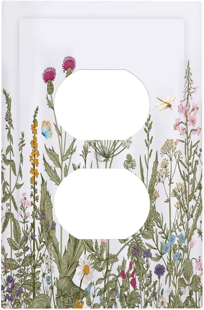 Rustic Wild Floral Vintage Teal Botanical 1 Gang Outlet Plate Duplex Decorative Outlet Covers Electrical Receptacle Lightswitch Faceplate 5" X 3"