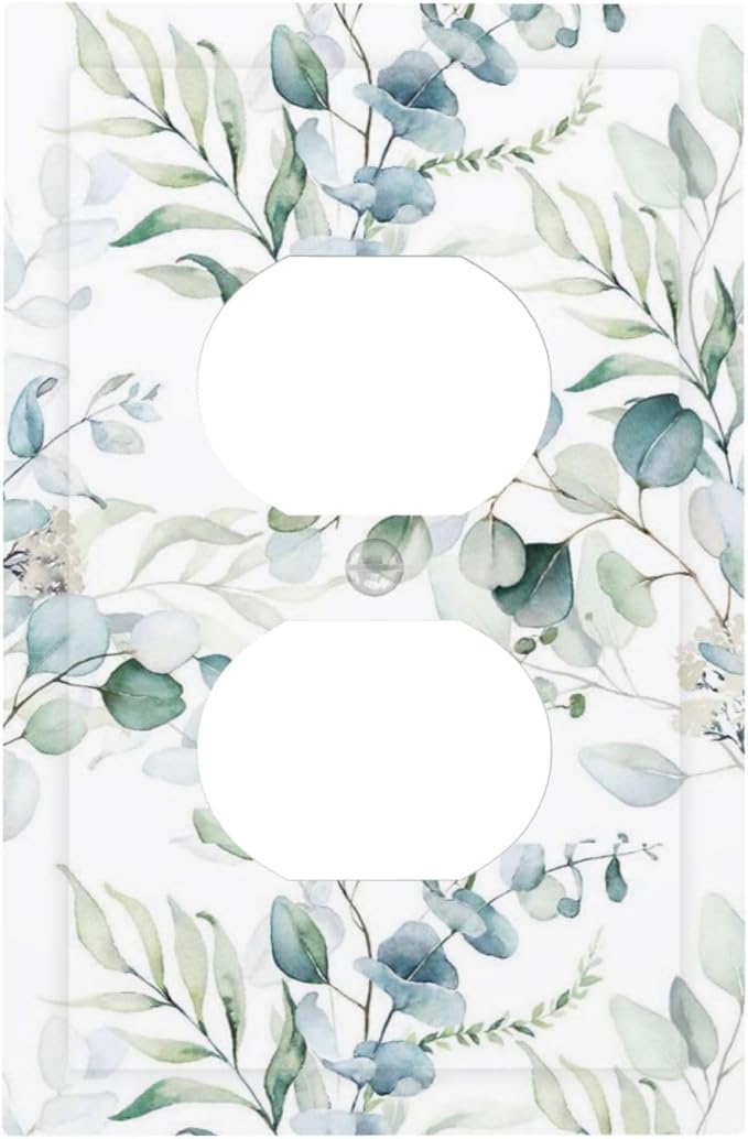 Boho Watercolor Green/White Spring Eucalyptus Saga Leaves Plant Botanical 1 Gang Device Duplex Receptacle Wall Plate Electrical Outlet Decorative Decorator Light Switch Face Plate Plug Socket Cover