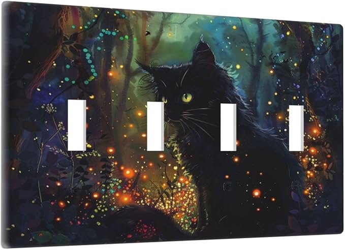 Light Switch Cover Plate Magic Fantasy Forest Mysterious Black Cat 4 Gang Quad Toggle Decorative Switch Plates Electrical Wall Plates Faceplate for Kid Room Bathroom Decor