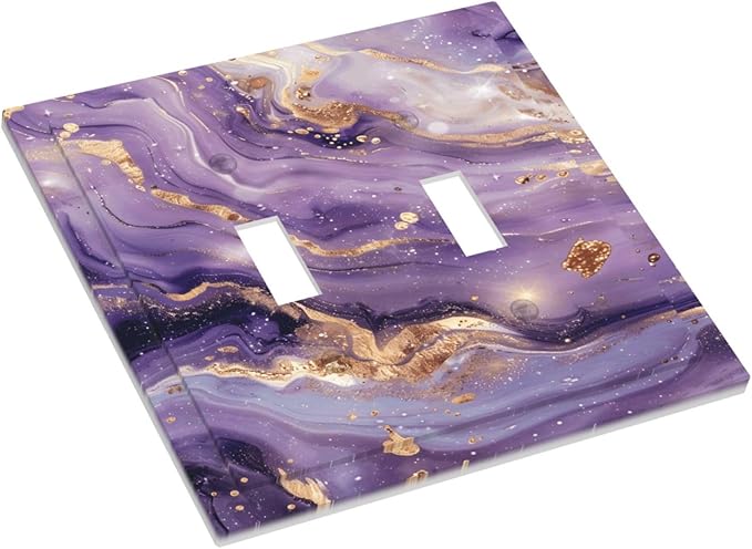 Luxury Marble Texture Purple And Gold Abstract Print Decorative Switch Plates 2 Gang Double Toggle Outlet Light Switch Cover Wall Plate Electrical Faceplate for Bathroom Home Decor
