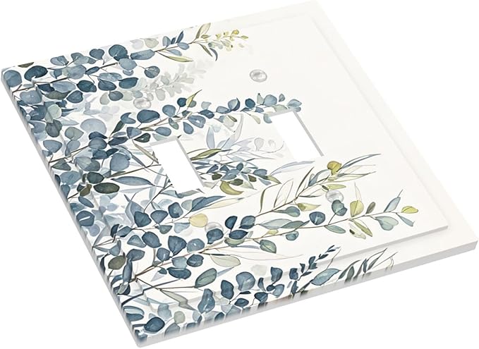 Decorative Switch Plate Cover with Green & Blue Watercolor Eucalyptus Botanical Foliage Design 2 Gang Wall Plate Unique Double Toggle Double Light Switch Covers for Contemporary Living Room