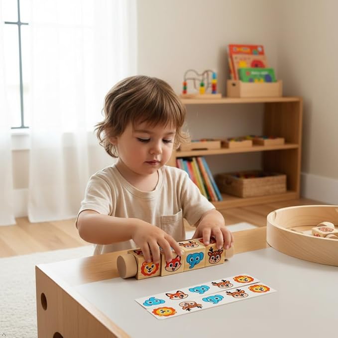 Wooden Animal Rotating Blocks Puzzle Montessori Toddler Matching Game Fine Motor Skills Sensory Toy for Kids 1-3 Years Old