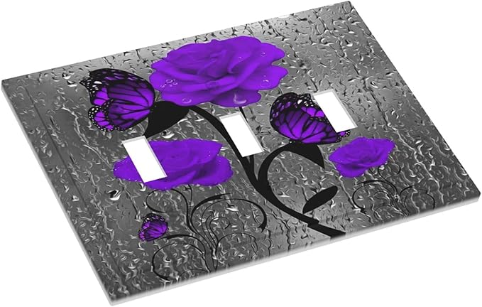 Rose Butterfly Purple Flower 3 Gang Triple Toggle Light Switch Wall Plate Cover Decorative Electrical Faceplate For Girls Grey Floral Room Bedroom Bathroom Decorate 6.7" x 4.8 Large Size
