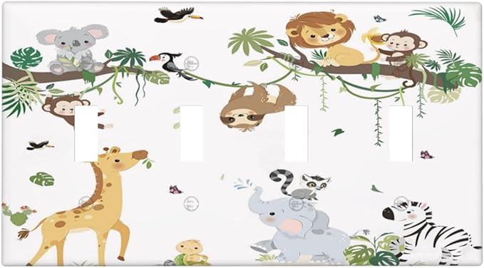 Jungle Animals Tree Branch Monkey Giraffe Lion Elephant Light Switch Covers Quad Toggle Electrical Faceplate 4 Gang Wall Plate Decorative Switch Plates Cover for Kids Room Nursery Decor