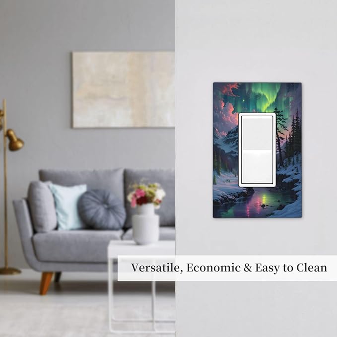 Snow Mountain Aurora Waterfalls Rivers Forest Decorative Outlet Covers 1 Gang Single Rocker Light Switch Cover Plate Wall Plates GFCI Faceplate for Bedroom Living Room Decor