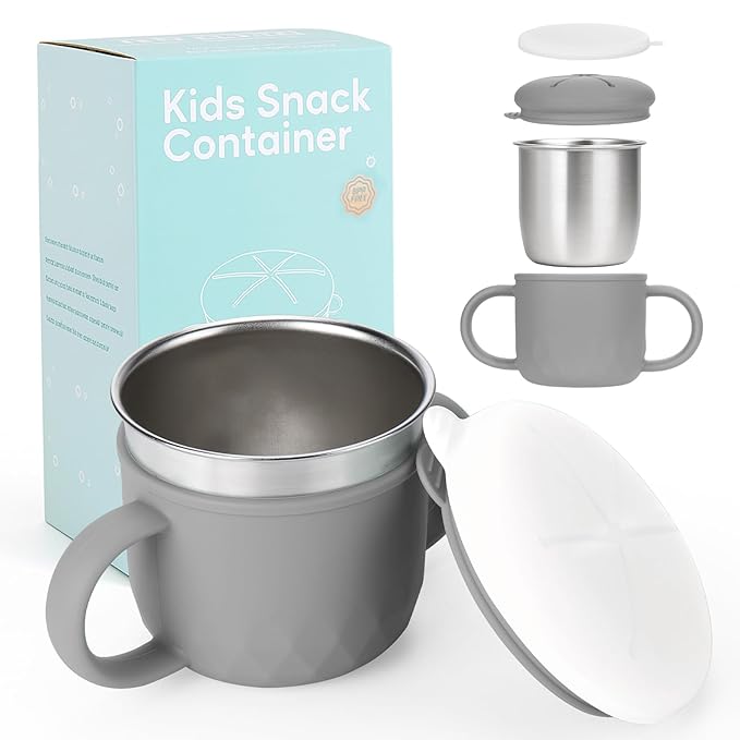 Toddler Snack Containers Stainless Steel Spill-Proof Snack Containers for Toddlers with Spill-Proof Silicone Lids and Handles 4-in-1 Baby Snack Cup is Dishwasher Safe for Easy use On The Go（Grey）