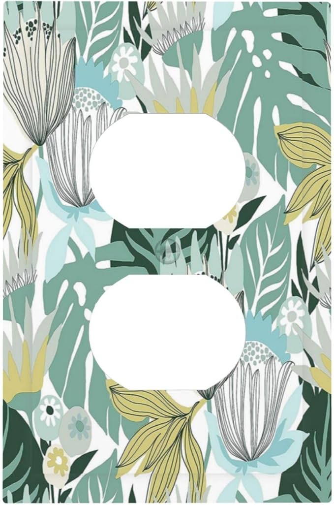 Retro Tropical Leaves 1 Gang Wall Plate Single Duplex Outlet Cover Receptacle Decorative Light Switch Cover Plate Electrical Faceplate Socket for Bedroom Bathroom Kitchen Decor