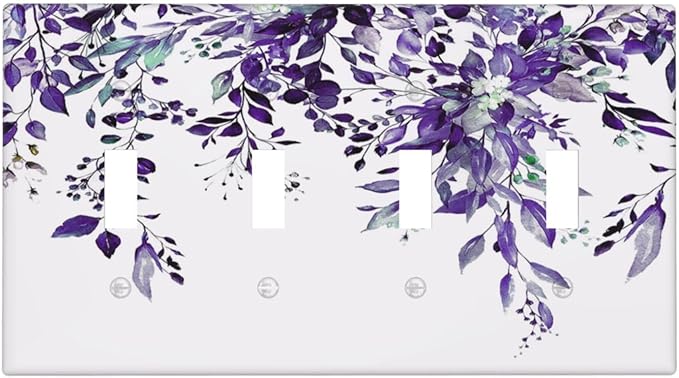 Decorative Light Switch Cover Plate Purple Eucalyptus Boho Olive Leaves Country Unique 4 Gang Wall Plate Switch Plate Covers Quad Toggle Jumbo Electrical Faceplate for Bedroom Decor