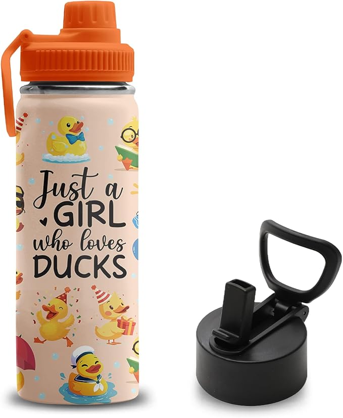 Duck Gifts, 18 oz Stainless Steel Water Bottles with 2 Lids, Insulated Water Bottle with Straw, Duck Cups for Travel Sports Outdoor, Birthday Christmas Gifts for Boys Girls Ducks Lovers (1pcs)