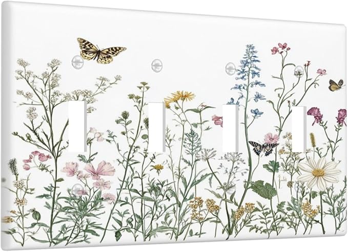 Light Switch Covers Rustic Wildflowers Butterfly Colorful Floral Quad Toggle Electrical Faceplate 4 Gang Wall Plate Decorative Switch Plates For Bed Room Living Room Decor