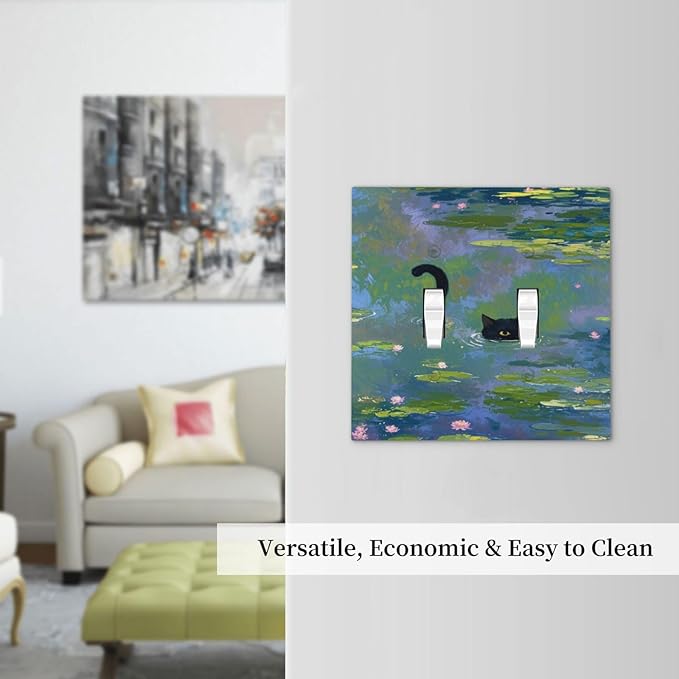 Light Switch Cover Plate Cute Black Cat Water Lily Pond Watercolor 2 Gang Double Toggle Decorative Switch Plates Plug Cover Wall Plates Electrical Faceplate for Kids Room Nursery Decor