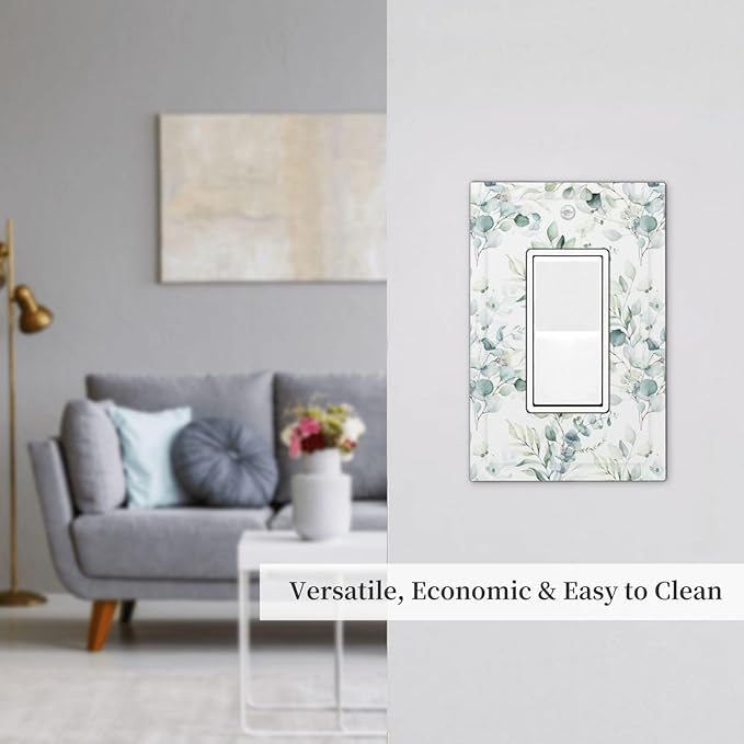 Watercolor Spring Sage Green Eucalyptus Leaves 1 Gang Single Decorator/GFCI Device Outlet Wall Plate Plant Herb Botanical Floral Electrical One Rocker Decorative Light Switch Cover Faceplate Dimmer