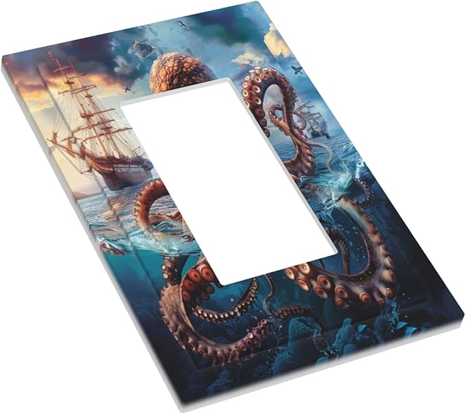 Light Switch Cover Plate Deep Ocean Octopus Sailboat Sea Monster 1 Gang Outlet Covers Single Rocker Decorative Switch plates Electrical Wall Plates GFCI Receptacle for Bathroom Bedroom Decor