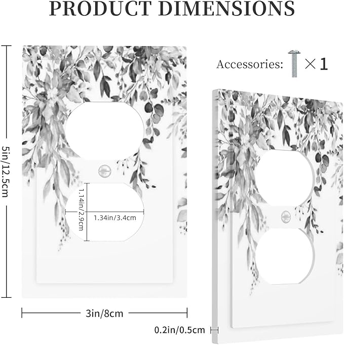 Outlet Covers Grey Floral Plant Eucalyptus Leaf Flower 1 Gang Duplex Light Switch Cover Decorative Switch Plates Electrical Receptacle Faceplate Wall Plate For Bed Room Living Room Decor