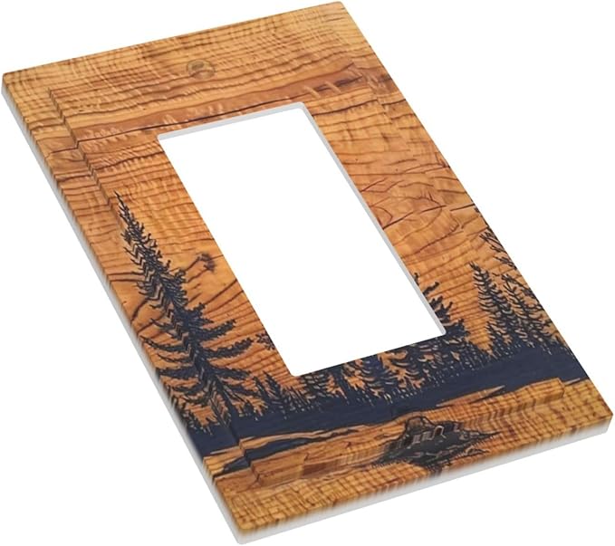 Pine Tree Forest Woodland Woods 1 Gang Single Decorator Receptacle Wall Plate Vintage Rustic Country Lodge Wooden Style Rocker/GFCI Device Light Switches Face Plug Cover Plate for Dimmers, USB Outlet