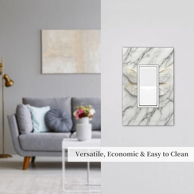 White Gold Marble Dragonfly Abstract Modern Decorative Outlet Covers 1 Gang Single Rocker Light Switch Cover Plate Wall Plates GFCI Faceplate for Bathroom Home Decor