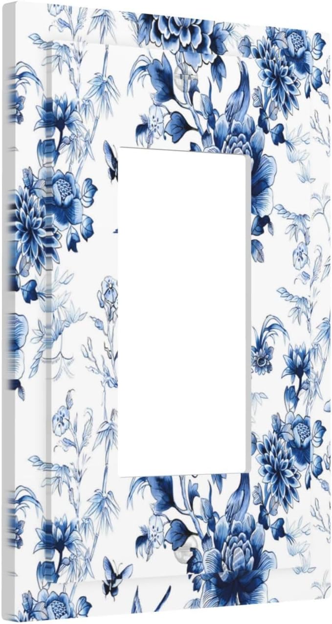Blue Flower White Floral Plant Bird Butterfly Decorative Outlet Covers 1 Gang Single Rocker Light Switch Cover Plate Wall Plates GFCI Faceplate for Bedroom Living Room Decor