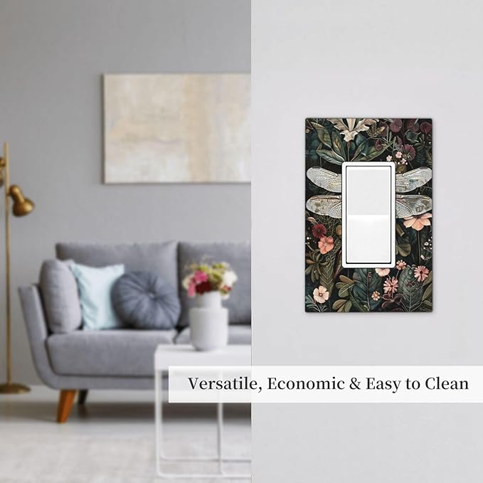 Vintage Dark Green Dragonfly Flowers Floral Botanical Decorative Outlet Covers 1 Gang Single Rocker Light Switch Cover Plate Wall Plates GFCI Faceplate for Farmhouse Home Decor
