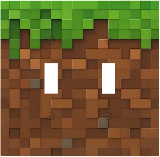 Pixel Style Gamer Themed Grass Block Decorative Switch Plates 2 Gang Double Toggle Outlet Light Switch Cover Wall Plate Electrical Faceplate for Kids Room Office Home Decor