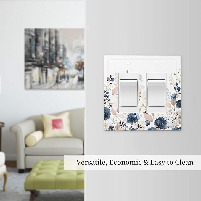 Blue Flora Boho Vintage Flower Golden Leaves Decorative Outlet Covers 2 Gang Double GFCI Rocker Electrical Wall Panels Light Switch Cover Plate for Bedroom Living Room Decor
