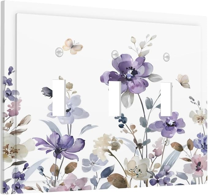 Purple Watercolor Flower Floral Butterfly Decorative Switch Plates 3 Gang Wall Plate Triple Toggle Light Switch Cover Faceplate Electrical Wall Panels for Bedroom Living Room Decor