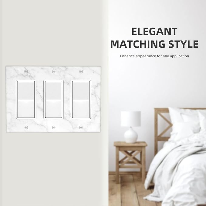 Faux White Marble Printed Triple Gang Rocker Decorative Light Switch Cover, 3-Gang Wall Plate Outlet Cover